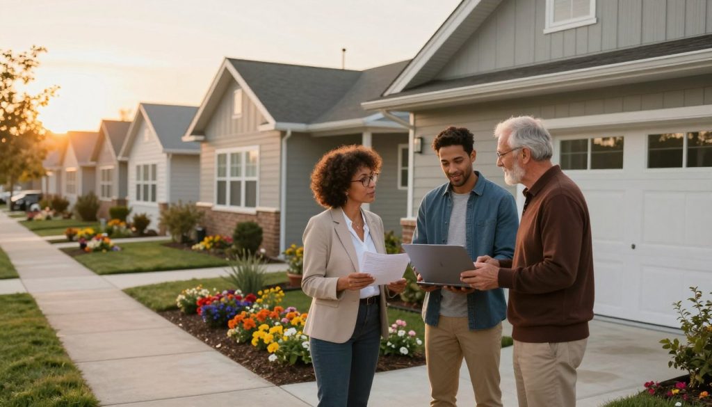 A cozy, inviting low-income housing development, showcasing a row of modest yet well-kept homes. In the foreground, a diverse group of three people – a middle-aged woman with glasses in professional attire, a young father in casual clothing, and a senior man with a kind expression – are discussing in front of one home, holding papers and a laptop. The middle ground features colorful flower beds and well-maintained sidewalks, creating a sense of community and warmth. In the background, the sun sets, casting a golden glow over the neighborhood, enhancing the hopeful atmosphere. Soft, diffused lighting contributes to a feeling of optimism and accessibility. The overall scene evokes a sense of stability and aspiration for low-income buyers seeking home loans.