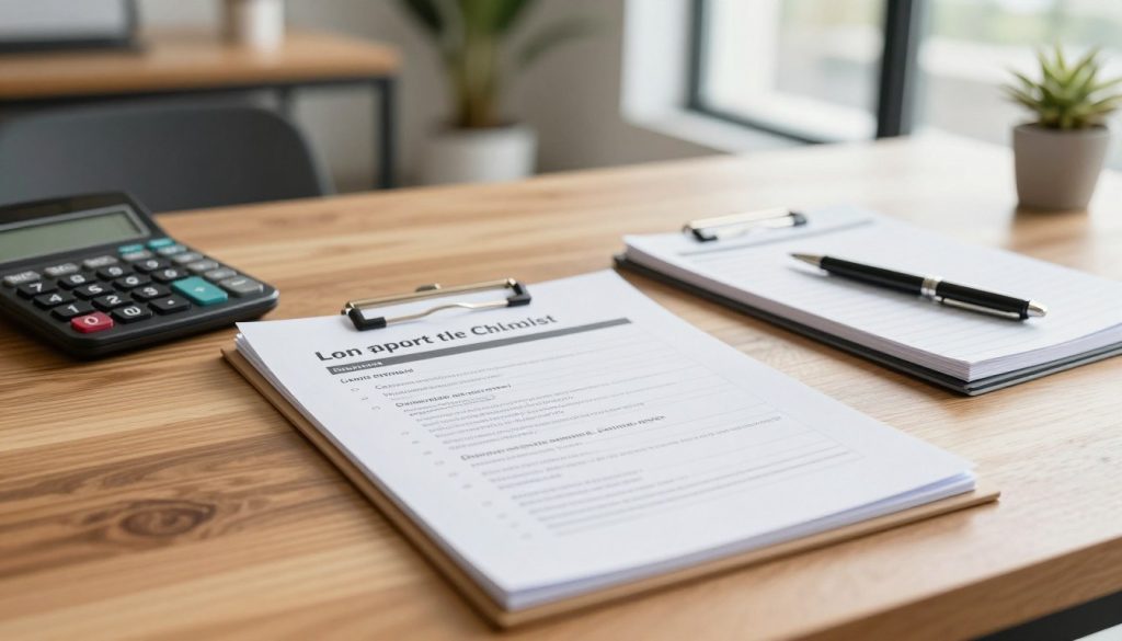 A detailed property loan approval checklist displayed on a stylish wooden desk, surrounded by essential preparatory items like a calculator, a notepad with a pen, and financial documents neatly organized. In the foreground, the checklist is prominently featured, with clear bullet points highlighting key requirements like credit score, income verification, and debt-to-income ratio. The middle of the image includes a softly blurred background of a modern office environment with natural light streaming in through a window, creating a warm and inviting atmosphere. Utilize a soft focus lens to emphasize the checklist and other items in a calm and professional setting. The mood is one of focus and determination, reflecting the importance of thorough preparation.