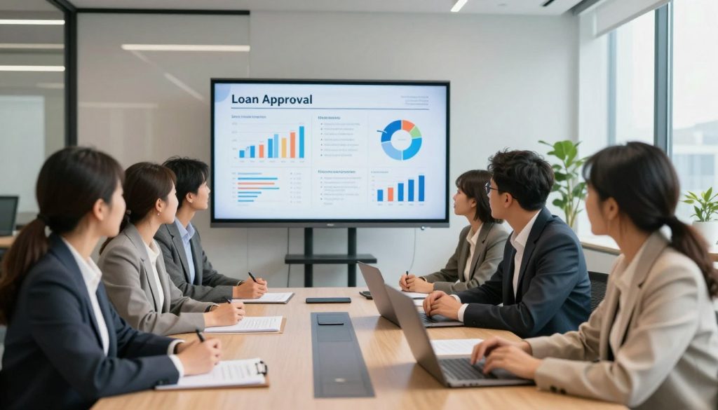 A dynamic business meeting scene taking place in a modern office environment. In the foreground, a diverse group of professionals in smart business attire, including women and men of various ethnic backgrounds, are engaged in a discussion around a conference table, with documents and a laptop open before them. In the middle ground, a large presentation screen displays key visual indicators of industry and market factors affecting loan approval, such as graphs, charts, and bullet points. The background features sleek office décor with large windows allowing natural light to flood the space, creating a bright and optimistic atmosphere. The image should have a warm, professional tone with an emphasis on teamwork and analysis, captured from a slightly elevated angle to provide depth and context.