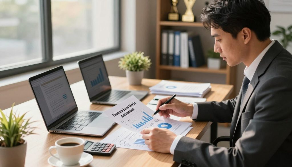 A focused workspace illustration featuring a professional business consultant wearing business attire, analyzing financial documents and charts on a desk cluttered with laptops, calculators, and cups of coffee. In the foreground, the consultant engages with a stack of papers labeled "Business Loan Needs Assessment" with doodles and notes around them. The middle ground showcases a large window letting in warm, natural light, casting soft shadows across the office. In the background, a bookshelf filled with business books and awards adds an element of professionalism, while a potted plant brings a touch of liveliness. The overall atmosphere is one of concentration and diligence, reflecting the serious nature of assessing financial needs.