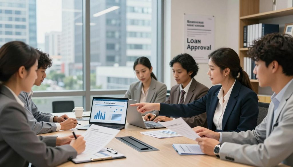 A modern office setting showcasing the loan approval process. In the foreground, a diverse group of professionals sitting around a conference table, reviewing application documents. One person, a businesswoman in smart attire, points at a laptop screen displaying graphs and charts. In the middle ground, a large window reveals a bustling cityscape, reflecting a bright, daylight atmosphere. Soft, natural lighting illuminates the room, creating an inviting and focused environment. The background features motivational posters about financial success and a bookshelf filled with business books. The mood is professional and collaborative, emphasizing teamwork and strategy in strengthening loan applications.