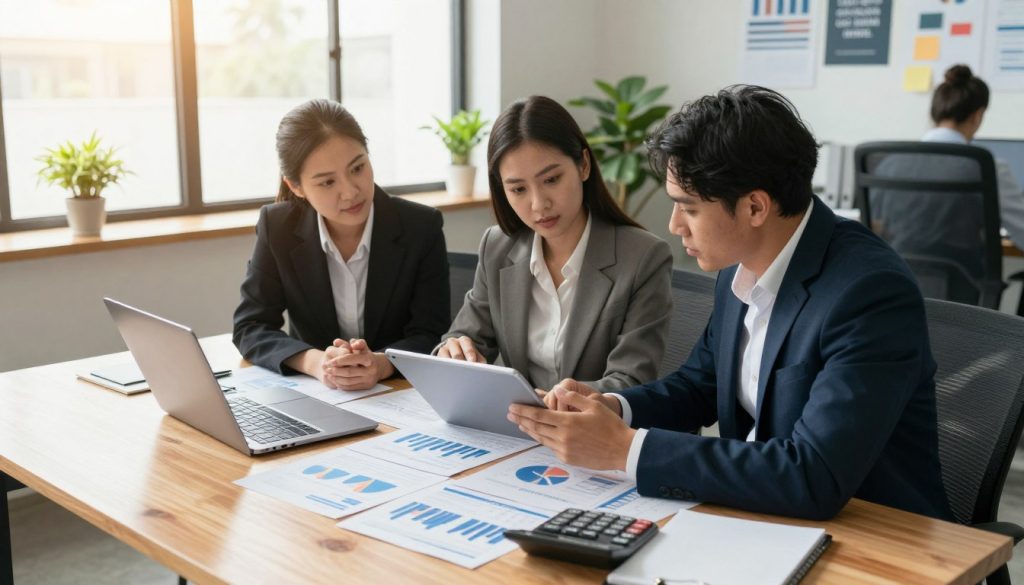 A modern office setting with a wooden desk in the foreground, cluttered with financial documents, a laptop, and a calculator, symbolizing the assessment of business loan readiness. In the middle, a diverse group of three professionals in business attire—two men and one woman—are engaged in discussion, analyzing charts and graphs on a tablet, their expressions focused and determined. In the background, large windows let in natural light, casting a warm glow across the room, which is decorated with plants and motivational posters. The atmosphere is one of collaboration and ambition, emphasizing the importance of preparation for loan applications. The scene is captured from a slightly overhead angle, providing a clear view of the workspace and interactions.