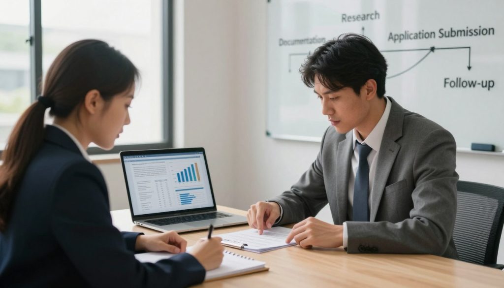 A professional business office setting depicting the loan application process. In the foreground, two individuals in formal business attire, a man and a woman, are seated at a conference table, reviewing paperwork and discussing details. The woman is taking notes, while the man points to a document with a focused expression. In the middle ground, a laptop displays graphs and charts related to business finances. In the background, a wall-mounted whiteboard shows key steps labeled: "Research," "Documentation," "Application Submission," and "Follow-up." Soft, natural lighting comes through large windows, creating a warm and inviting atmosphere. The overall mood is collaborative and professional, emphasizing the importance of teamwork in navigating the business loan application process.