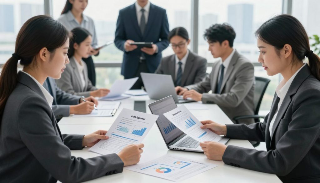 A professional business office setting, with a focus on the loan approval process. In the foreground, a businesswoman in a smart business suit is reviewing financial documents at a sleek desk, using a laptop. In the middle ground, a diverse group of individuals, including a businessman and a loan officer, engage in discussion with charts and graphs on the table, illustrating financial data. The background features a large window with natural light streaming in, showcasing a city skyline, creating an optimistic atmosphere. The overall mood is professional and focused, emphasizing diligence and preparation for meeting loan approval requirements. The image should be well-lit, capturing a clean and modern workspace; shot from a slightly elevated angle to provide a comprehensive view of the scene.
