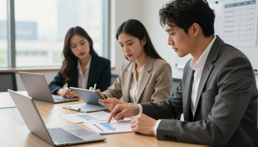 A professional business setting features a diverse group of three individuals analyzing financial documents around a modern conference table. In the foreground, a man in a tailored suit points to a chart labeled “Credit Score Requirements,” emphasizing key metrics. In the middle, a woman takes notes on a tablet, dressed in smart casual attire, while a second woman, also in business attire, reviews a laptop screen. The background shows a large window with natural light streaming in, highlighting a cityscape. A whiteboard displays key figures related to business loan credit scores. The atmosphere is focused and collaborative, conveying a sense of professionalism and determination, with soft, warm lighting to enhance the inviting environment.