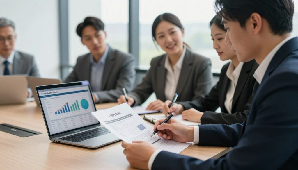 A professional business setting featuring a diverse group of individuals in business attire, gathered around a conference table. In the foreground, a focused entrepreneur is reviewing a loan application document, highlighting sections with a pen. On the table, a laptop displays a credit score dashboard with graphs and numbers indicating a strong loan approval possibility. In the middle, a woman in business attire is engaged in discussion, pointing at the laptop screen, while another individual takes notes. The background includes a bright office environment with large windows allowing natural light to flood in, casting soft shadows. The overall mood is collaborative and optimistic, emphasizing preparation and professionalism.