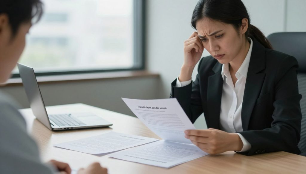 A professional office environment depicting the theme of business loan rejection. In the foreground, a concerned business owner dressed in professional business attire sits at a conference table, reviewing documents with a furrowed brow. In the middle, scattered paperwork lays open, displaying common rejection reasons such as "insufficient credit score," "incomplete applications," and "lack of business plan." The background features a sleek office with a large window allowing soft natural light to filter in, creating a calm yet tense atmosphere. The scene captures a sense of urgency and contemplation, with a shallow depth of field focusing on the worried business owner while softly blurring the office details. The overall mood is serious and reflective, highlighting the importance of understanding rejection reasons.