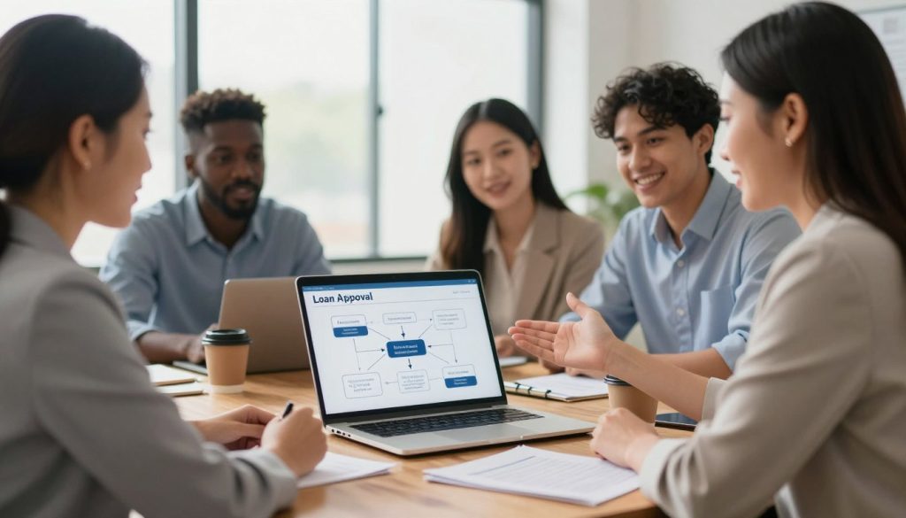 A professional office setting featuring a diverse group of individuals engaged in a dynamic conversation about loans. In the foreground, a well-dressed woman in business attire gestures towards a laptop displaying a streamlined loan approval process flowchart. The middle ground shows a diverse group of professionals, including a Black man, an Asian woman, and a Hispanic man, collaborating, with papers and coffee cups scattered on a polished wooden table. The background consists of large windows with natural light flooding in, enhancing the positive and encouraging atmosphere. Capture this scene with a shallow depth of field to emphasize the people, using soft, warm lighting to create an inviting and professional mood, simulating a 50mm lens perspective.