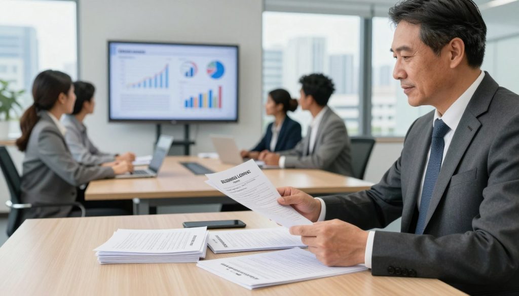 A professional office setting focused on the business loan approval process, with a desk in the foreground where a neatly organized stack of loan application documents lies. A confident business professional in formal attire, a middle-aged man, examines the paperwork, emphasizing an analytical approach. In the middle ground, a well-lit conference room is visible, where a diverse team, including a woman of Asian descent and a Black woman, discuss financial charts on a wall-mounted screen, highlighting teamwork and evaluation. The background features a cityscape through large windows, symbolizing ambition and growth. The lighting is bright and positive, creating an atmosphere of professionalism and determination, with a slightly blurred depth of field to focus on the loan process.