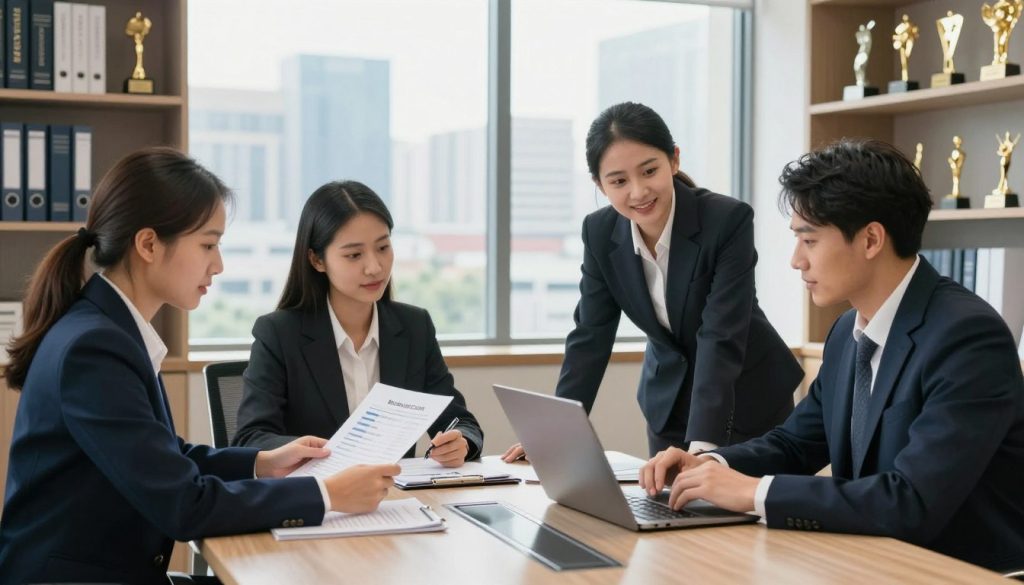 A professional office setting illustrating the effective management of a business loan after approval. In the foreground, a diverse group of three business people, dressed in smart business attire, are gathered around a sleek conference table. One person is analyzing financial documents while another is using a laptop, and the third is discussing strategies, highlighting teamwork and collaboration. In the middle ground, a large window reveals a bright cityscape that symbolizes opportunity and growth, with natural light illuminating the scene. In the background, shelves filled with financial books and awards provide context to the business environment. The overall mood is focused and optimistic, reflecting the positive impact of effectively managing business finances.
