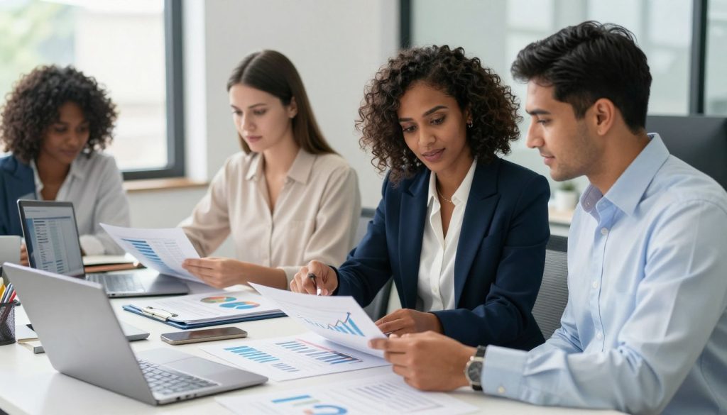 A professional office setting showcasing a diverse group of business individuals focused on strategies to improve credit scores. In the foreground, a confident Black businesswoman, dressed in a tailored navy suit, is discussing financial documents with a Hispanic man in a crisp dress shirt, pointing at a chart displaying upward trends on a tablet. In the middle, a Caucasian woman in a smart blouse is organizing financial reports on a desk, while a South Asian man is reviewing credit score data on a laptop. The background features a modern office with large windows letting in natural light, casting soft shadows and creating a bright, optimistic atmosphere. The scene conveys a sense of collaboration and determination, emphasizing the importance of preparation for securing a business loan.