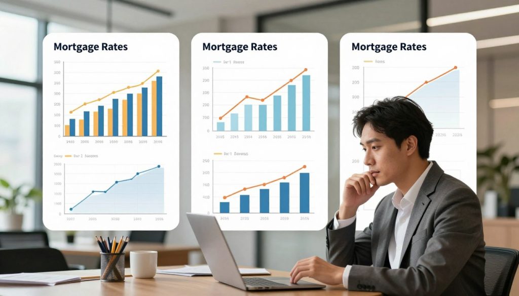 A visually engaging mortgage rates comparison illustration, featuring three distinct graphs representing different mortgage rates. In the foreground, a professional couple in business attire studies the graphs intently, with expressions of thoughtful analysis. The middle layer displays a clear, colorful bar chart and line graph, showcasing varying rates across different loan types. The background features an elegant, modern office setting with soft natural lighting filtering through large windows, giving the scene a warm and inviting atmosphere. The overall mood is focused and informative, reflecting the importance of understanding mortgage rates when selecting a loan. Capture this scene with a slight angle to emphasize the graphs while keeping the couple in sharp focus.