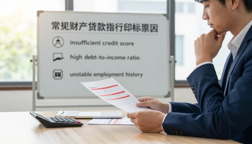 A visually striking composition depicting a serene office environment with a professional financial advisor reviewing documents. In the foreground, a neatly arranged desk features a loan application form highlighted in red and a calculator. The advisor, dressed in formal business attire, appears contemplative as they examine the paperwork. In the middle ground, a whiteboard showcases common property loan rejection reasons like "insufficient credit score," "high debt-to-income ratio," and "unstable employment history," artistically illustrated with icons symbolizing each reason. The background consists of a large window with soft, natural daylight streaming in, creating a warm, inviting atmosphere. The overall mood is serious yet informative, emphasizing the importance of understanding loan approval hurdles to secure a property loan successfully.