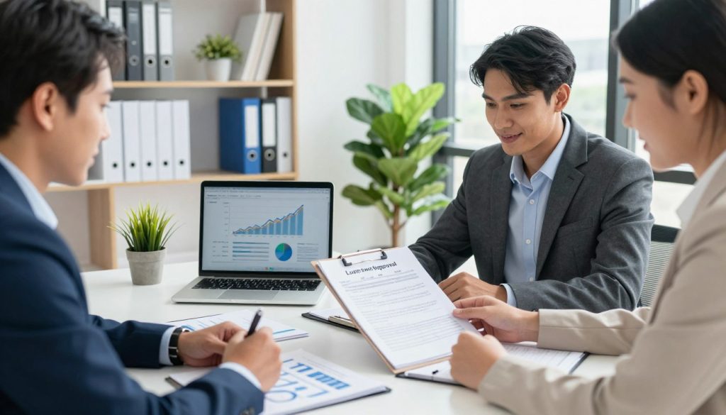 A well-organized office scene illustrating business loan approval requirements. In the foreground, a group of three diverse professionals in business attire—two men and one woman—are engaged in a discussion over a table filled with documents and charts. The middle layer includes an open laptop displaying financial graphs, alongside a clipboard with notes about loan criteria such as credit scores and business plans. In the background, a stylish office environment with shelves of business books, a large window letting in natural sunlight, and potted plants to create a welcoming atmosphere. The lighting is bright and optimistic, with a clear focus on teamwork and professionalism. The angle captures a close-up view, emphasizing collaboration and the meticulous nature of the loan approval process.