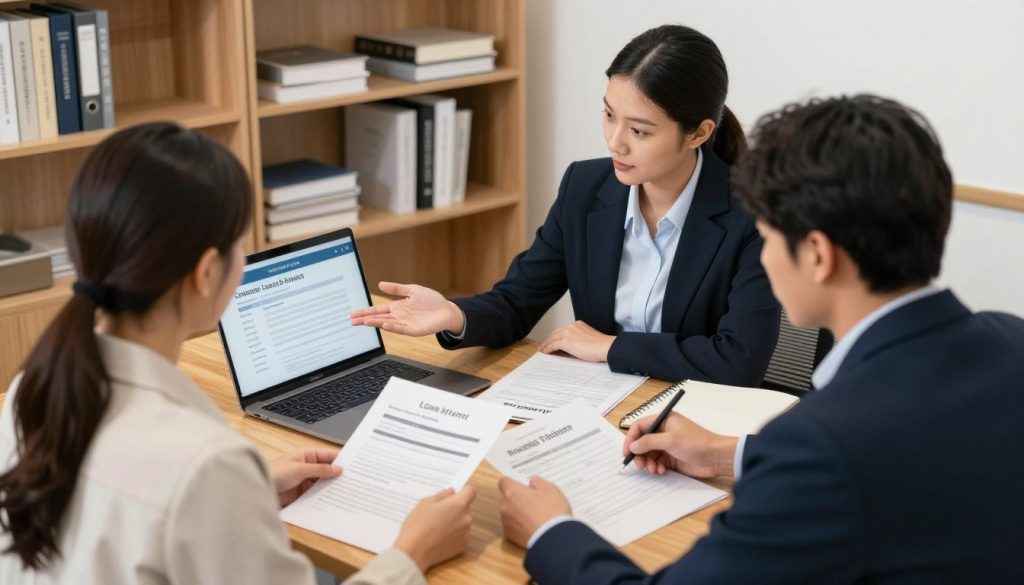 A well-organized office setting illustrating the property loan application process. In the foreground, a professional couple, dressed in business attire, reviews documents together at a wooden conference table, appearing engaged and focused. In the middle ground, a loan officer, also in professional wear, gestures towards a laptop displaying the online application form, providing guidance. The background features shelves filled with financial books and sample property listings, creating an atmosphere of expertise and trust. Soft, warm lighting enhances the welcoming feel of the space. The image is captured from a slightly elevated angle, offering a clear view of the interaction, evoking a sense of collaboration and reassurance in the loan application process.